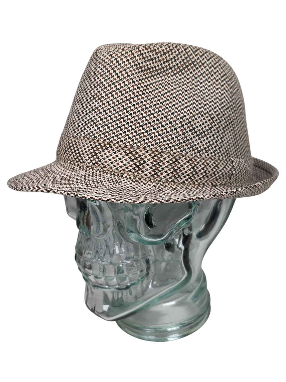 Jaxon Men's Fedora Hat Houndstooth Trilby Cap Brown Cream Plaid Size L